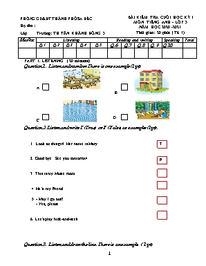 Đề kiểm tra cuối học kì I môn Tiếng Anh Lớp 3 - Năm học 2020-2021 - Trường TH Tân Khánh Đông 3